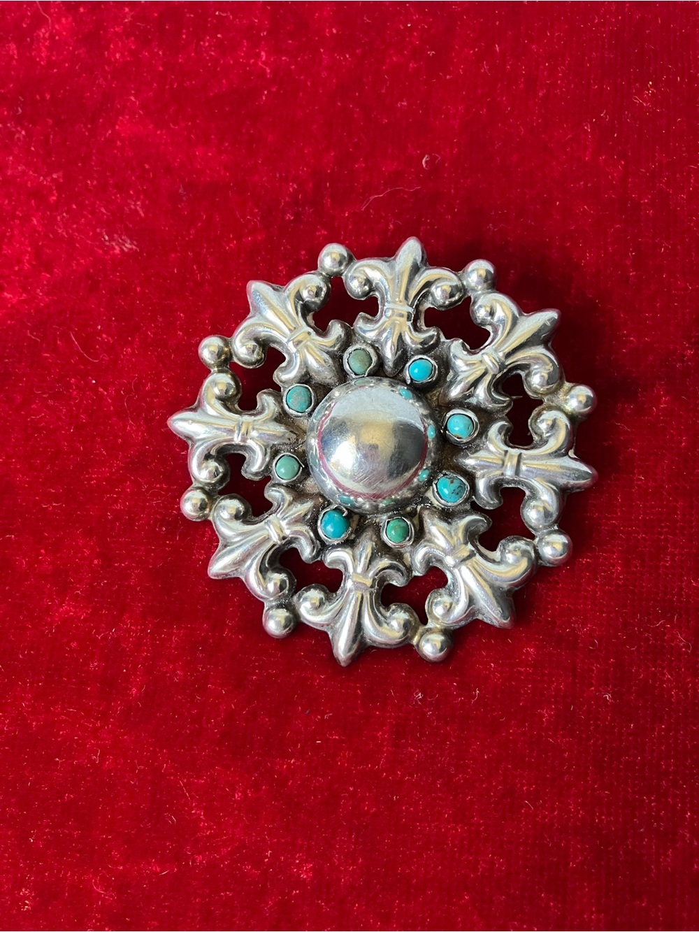Vintage Sterling Turquoise Fleur De Lis Round Pin Brooch Mexico.